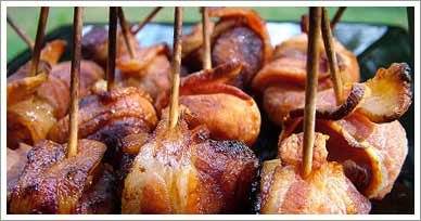 water chestnuts wrapped in baconcrostini